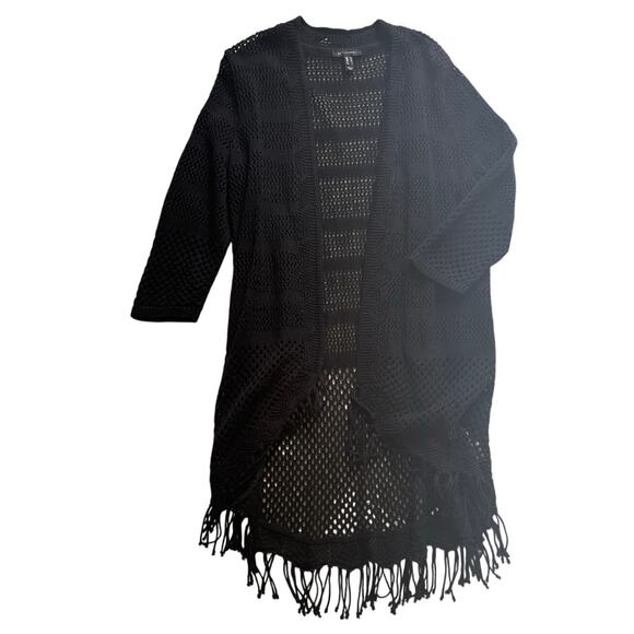 H by Halston Long Line Black Cardigan with Fringe Size M - Picture 1 of 4